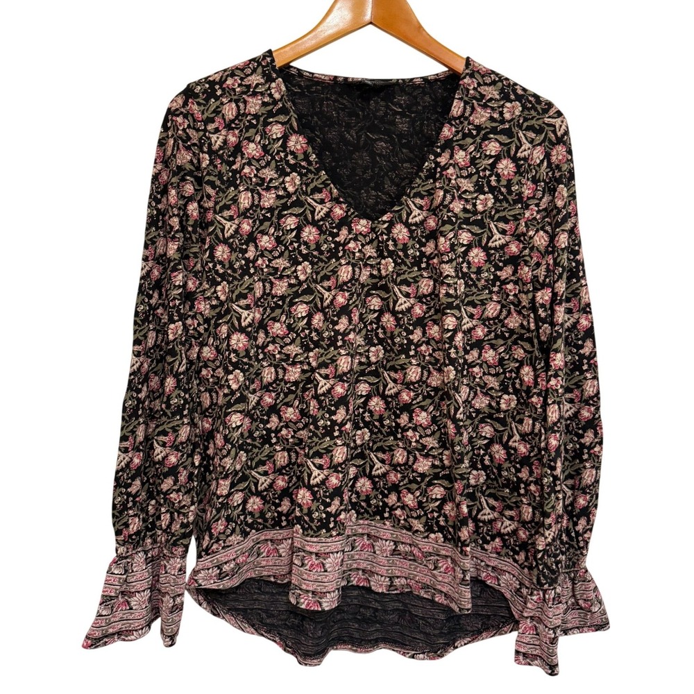 Lucky Brand Women Blouse L Black Pink Floral Ruffle Cuff Boho Cottagecore Modal